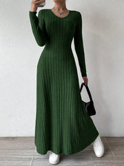 Solid Color Knitted Fleece V-Neck Long Sleeve A-Line Dress