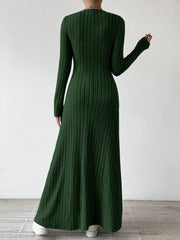Solid Color Knitted Fleece V-Neck Long Sleeve A-Line Dress