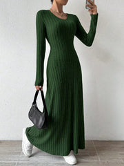 Solid Color Knitted Fleece V-Neck Long Sleeve A-Line Dress