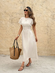 Ladies Summer Solid Color Round Neck Lotus Leaf Short Sleeve Casual Midi Dress