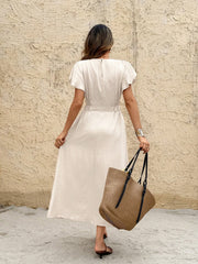 Ladies Summer Solid Color Round Neck Lotus Leaf Short Sleeve Casual Midi Dress