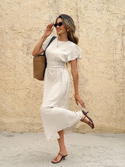 Ladies Summer Solid Color Round Neck Lotus Leaf Short Sleeve Casual Midi Dress