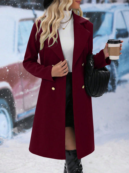 SHEIN Frenchy Solid Color Double breasted Mid length Woolen Coat WearWest