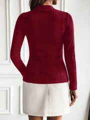 Women Solid Color Stand Collar Long Sleeve Button Decor Slim Fit Ribbed Knit Top