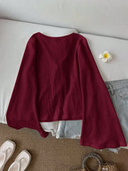 Casual Solid Color Tie Flare Sleeve Top