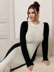 Women Colorblock Crew Neck Long Sleeve Bodycon Sweater Dress