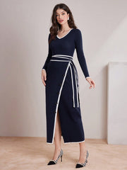 Women's Contrast Trim Wrap Hem Sweater Dress