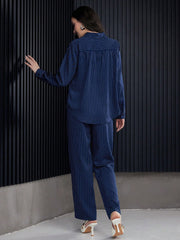 2 pc  Women Stripe Casual Shirt And Straight Leg Pants