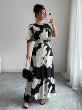 Women's Elegant Spring/Summer Round Neck Ruffle Flare Sleeve Fitted Flowy Chiffon Dress