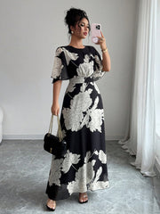 Women's Elegant Spring/Summer Round Neck Ruffle Flare Sleeve Fitted Flowy Chiffon Dress