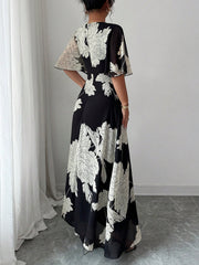 Women's Elegant Spring/Summer Round Neck Ruffle Flare Sleeve Fitted Flowy Chiffon Dress