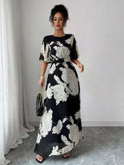 Women's Elegant Spring/Summer Round Neck Ruffle Flare Sleeve Fitted Flowy Chiffon Dress