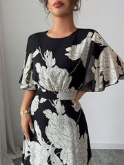 Women's Elegant Spring/Summer Round Neck Ruffle Flare Sleeve Fitted Flowy Chiffon Dress