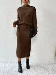 2pcs/set Simple Casual Stand Collar Drop Shoulder Sleeve Sweater And Skirt Set