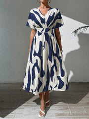 Summer Casual A-Line V-Neck Batwing Sleeve Printed Dress