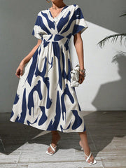 Summer Casual A-Line V-Neck Batwing Sleeve Printed Dress