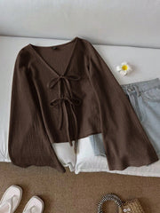 Casual Solid Color V-Neck Flare Sleeve Twist Front Blouse