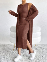2 pc  Women's Solid Color Long Sleeve Cardigan Jacket & Round Neck Side Slit Hem Slip Dress Set