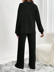 2pcs Women Winter New Apricot Basic Warm Homewear Set, Polo Collar Long Pants Brown Lounge Set