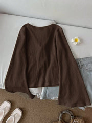 Casual Solid Color V-Neck Flare Sleeve Twist Front Blouse