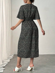 Raffinéa Blue Romantic Vacation Dress, Round Neck, Ruffle Short Sleeves, Ditsy Floral, Cinched Waist, Flared Hem, Casual Midi Dress