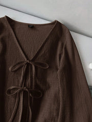 Casual Solid Color V-Neck Flare Sleeve Twist Front Blouse
