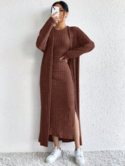 2 pc  Women's Solid Color Long Sleeve Cardigan Jacket & Round Neck Side Slit Hem Slip Dress Set