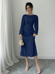 Raffinéa Elegant Solid Color Puff Sleeve Fishtail Dress