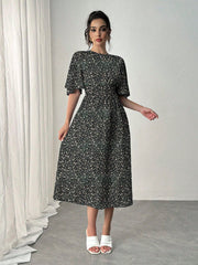 Raffinéa Blue Romantic Vacation Dress, Round Neck, Ruffle Short Sleeves, Ditsy Floral, Cinched Waist, Flared Hem, Casual Midi Dress