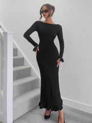 Women's Black Round Neck Flare Sleeve Fish-Tail Hem Elegant Dress