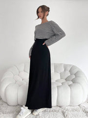 2 Pieces/Set Women's Striped Printed Round Neck Long Sleeve Top And Black Sleeveless Dress