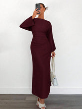 Solid Color Round Neck Long Sleeve Pleated Fitted Elegant Dress