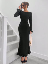 Women's Black Round Neck Flare Sleeve Fish-Tail Hem Elegant Dress