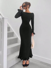 Women's Black Round Neck Flare Sleeve Fish-Tail Hem Elegant Dress