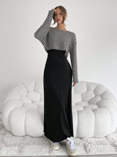 Knitted 2 Pieces/Set Women's Striped Printed Round Neck Long Sleeve Top And Black Sleeveless Dress
