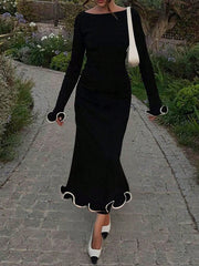 Women's Black Round Neck Flare Sleeve Fish-Tail Hem Elegant Dress