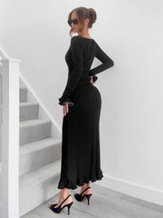 Women's Black Round Neck Flare Sleeve Fish-Tail Hem Elegant Dress