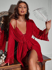 Women Sexy Solid Color Lace Splice Pajama Set