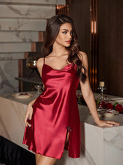 Sexy Satin Draped Spaghetti Strap Nightgown With Thigh Slit