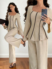 2pcs Contrast Trim Flare Sleeve Shirt And Pants Set