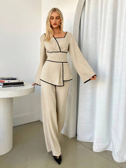 Contrast Color Trim Shirt And Pants 2 Pieces Set