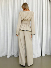 Contrast Color Trim Shirt And Pants 2 Pieces Set