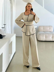 Contrast Color Trim Shirt And Pants 2 Pieces Set
