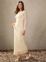 Women's Flared Sleeves Solid Color Round Neck Long Sleeve Fitted Mermaid Hem White Elegant Dress Crochet Dress