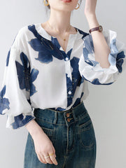 Flower-Printed Button Ruffled Front-Buttoned Women's Shirt