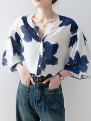 Flower-Printed Button Ruffled Front-Buttoned Women's Shirt