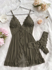 Sexy Solid Color Lace Camisole Nightgown With Matching Lace Panties