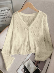 Women's Summer Beach Cover Up Cardigan - Hollow Out Knitwear Top With Bowknot, V-Neck Loose Drop Shoulder Design, Lightweight Vacation Kimono