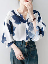 Flower-Printed Button Ruffled Front-Buttoned Women's Shirt