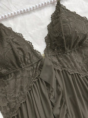 Sexy Solid Color Lace Camisole Nightgown With Matching Lace Panties